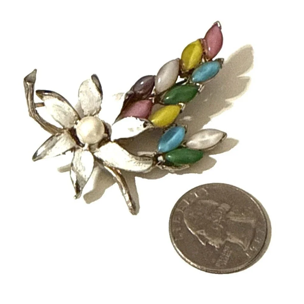 Vintage Floral Brooch Purple Pink Blue Yellow Cabochon White Enamel Pin 2.5
